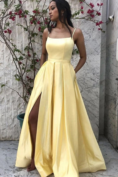 Elegant A Line Yellow Satin Long Prom Dress with Side Slit, Simple Yel – abcprom