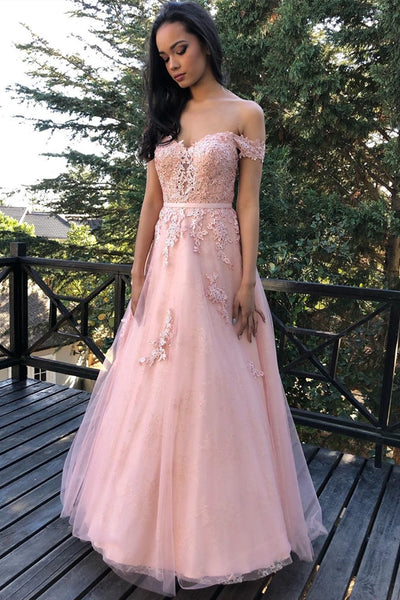 Elegant Off Shoulder Lace Pink Long Prom Dress, Off the Shoulder Pink abcprom Elegant Off Shoulder Lace Pink Long Prom Dress, Off the Shoulder Pink abcprom