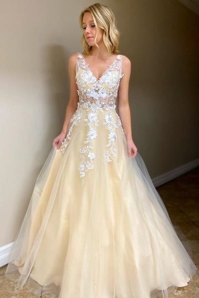 Elegant V Neck White Lace Appliques Pale Yellow Prom Dress, V Neck Pal abcprom Elegant V Neck White Lace Appliques Pale Yellow Prom Dress, V Neck Pal abcprom