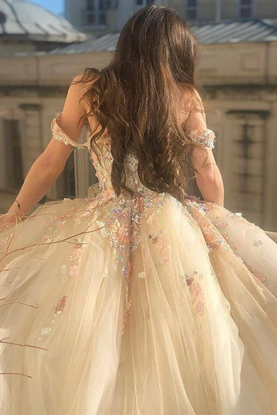 Gorgeous Off Shoulder Champagne Lace Floral Prom Dress, Long 3D Flower Champagne Formal Evening Dress, Champagne Ball Gown