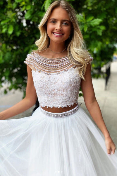 Gorgeous Round Neck Two Pieces White Lace Prom Dress with Beadings, 2 Pieces White Lace Formal Dress, White Lace Evening Dress