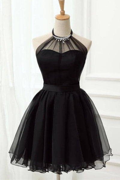 Halter Neck Backless Black Short Prom Dress, Open Back Black Homecomin