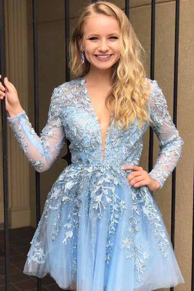 Long Sleeves V Neck Short Light Blue Lace Prom Dress, Light Blue Lace – abcprom