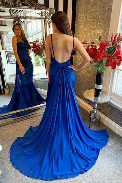 Mermaid Open Back Blue Long Prom Dress with Train, Mermaid Blue Formal