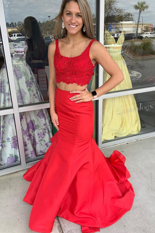 Mermaid Two Pieces Lace Red Long Prom Dresses, Two Piece Red Formal Dresses, Mermaid Red Evening Dresses