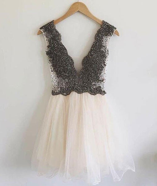 Modern V-neck Beading A-line Short Beige Prom Dresses, Black/White Hom – abcprom