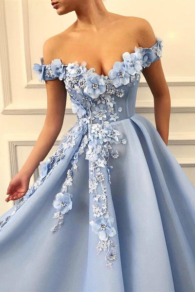 Off Shoulder Baby Blue Lace Long Floral Prom Dress, Blue Lace Floral F
