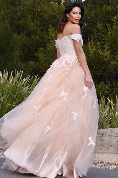 Off Shoulder Pink Tulle Lace Long Prom Dress, Pink Lace Formal Dress, Pink Evening Dress A1679