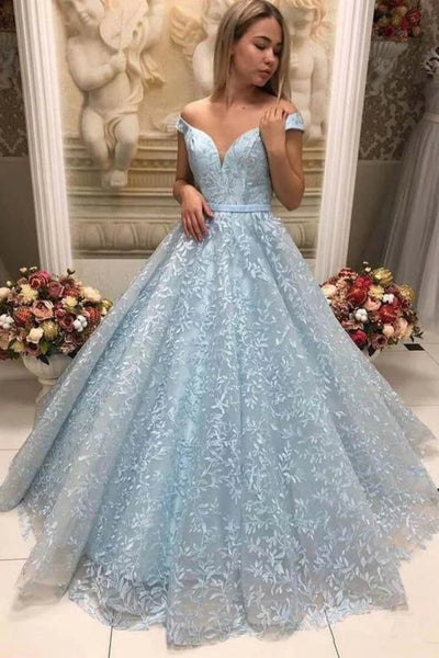Off the Shoulder Light Blue Lace Long Prom Dress, Off Shoulder Light B