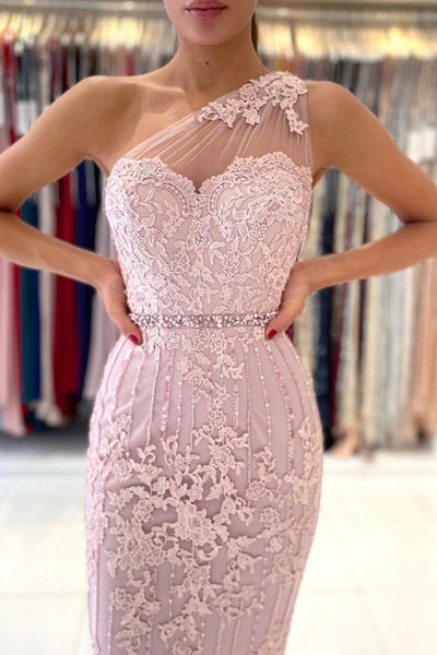One Shoulder Mermaid Pink Lace Prom Dress, Mermaid Pink Homecoming Dress, Short Pink Lace Formal Evening Dress A1660