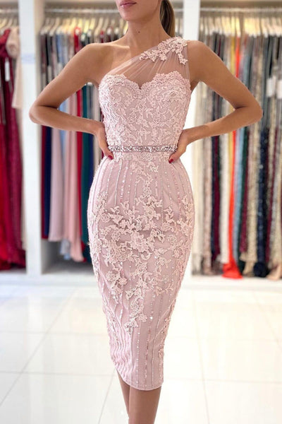One Shoulder Mermaid Pink Lace Prom Dress, Mermaid Pink Homecoming Dress, Short Pink Lace Formal Evening Dress A1660