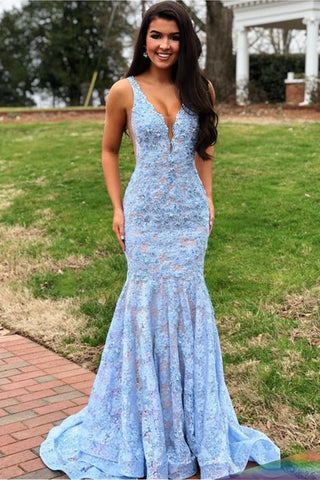 Open Back V Neck Mermaid Blue Lace Long Prom Dress, Mermaid Blue Formal Dress, Blue Lace Evening Dress A1713