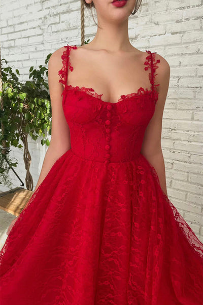 Red Lace Tea Length Prom Dress, Red Lace Homecoming Dress, Short Red Formal Evening Dress A1694