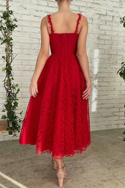 Red Lace Tea Length Prom Dress, Red Lace Homecoming Dress, Short Red Formal Evening Dress A1694