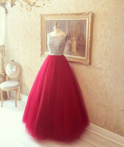 Round Neck Red Prom Dresses, Red Evening Dresses, Red Long Dresses