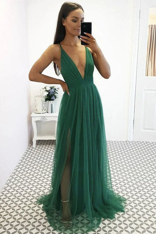 Sexy V Neck Green Tulle Long Prom Dress, V Neck Green Formal Dress, Green Evening Dress