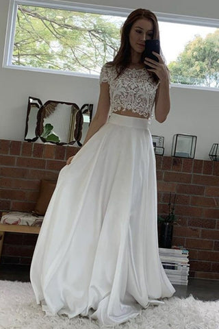 Short Sleeves 2 Pieces White Lace Long Prom Dress, Two Pieces White Formal Dress, White Lace Evening Dress