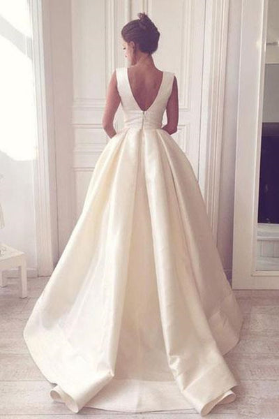 Simple V Neck Ivory Satin Long Prom Dress, Open Back Ivory Formal Evening Dress, Ivory Wedding Dress