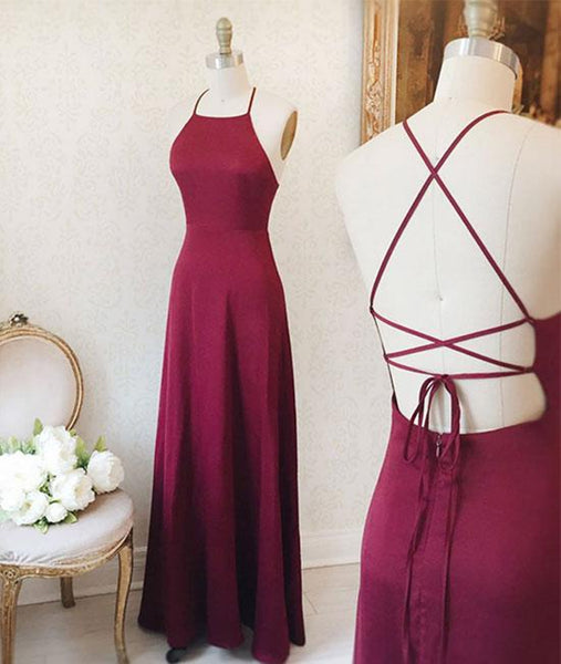 A Line V Neck Backless Burgundy Satin Long Prom Dresses, Backless Burgundy Formal Graduation Evening Dresses EP1888 main image 1
