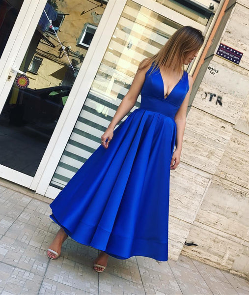 Simple Royal Blue V Neck Satin Ankle Length Prom Dress, Royal Blue For   abcprom