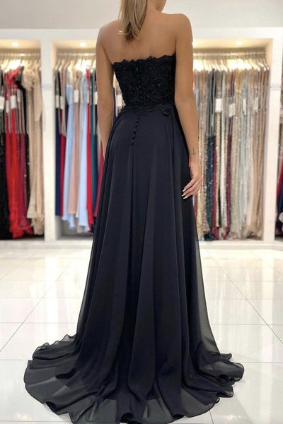 Strapless Black Lace Long Prom Dress with High Slit, Black Lace Formal Graduation Evening Dress A1356