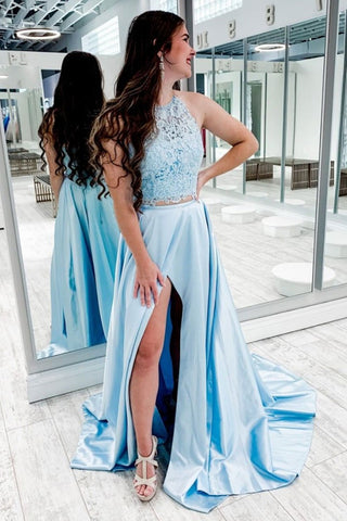 Two Pieces Blue Lace Long Prom Dress with Slit, 2 Piece Blue Formal Dress, Blue Lace Evening Dress