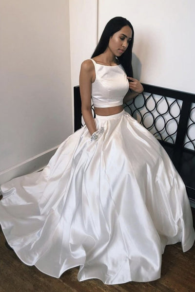 Two Pieces Ivory Satin Long Prom Dress with Pocket, 2 Pieces Ivory Formal Dress, Ivory Evening Dress A1287