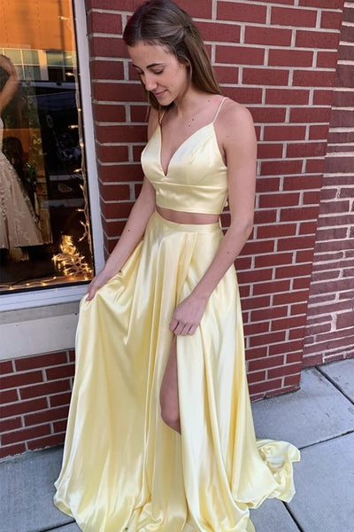 V Neck 2 Pieces Yellow Long Prom Dress with High Slit, Two Pieces Yellow Formal Graduation Evening Dress