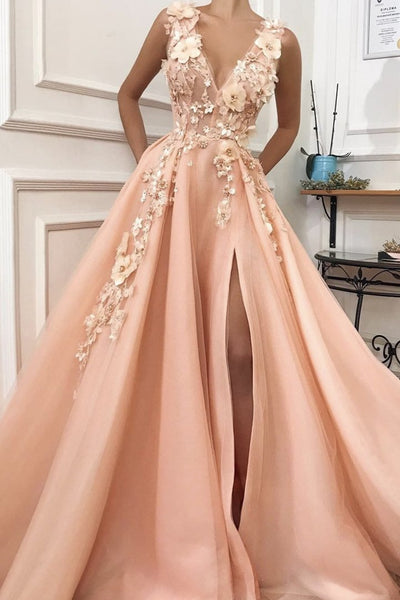V Neck Light Orange Floral Long Prom Dress with High Slit, Light Orang – abcprom