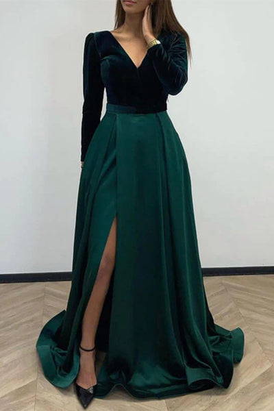 V Neck Long Sleeves Green Long Prom Dress with Velvet Top, Green Forma abcprom V Neck Long Sleeves Green Long Prom Dress with Velvet Top, Green Forma abcprom