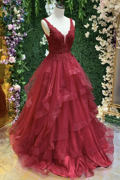 V Neck Open Back Burgundy Lace Long Prom Dress, Burgundy Lace Formal Evening Dress, Burgundy Ball Gown A1308
