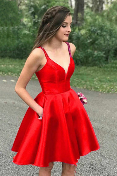V Neck Red Satin Short Prom Homecoming Dress, Short Red Formal Graduat