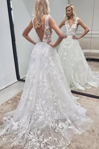 V Neck and V Back White Lace Long Wedding Dress, Long White Lace Prom Dress, White Formal Evening Dress