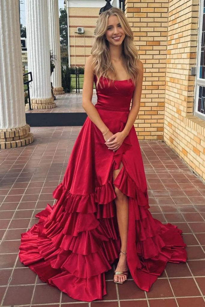 A Line Backless High Slit Ruffle Red Satin Long Prom Dress, Long Red F abcprom A Line Backless High Slit Ruffle Red Satin Long Prom Dress, Long Red F abcprom