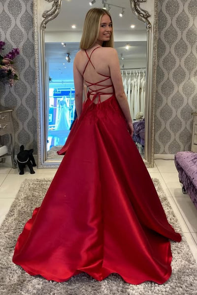 A Line Backless Red Lace Long Prom Dress, Red Lace Formal Dress, Long Red Evening Dress A2303