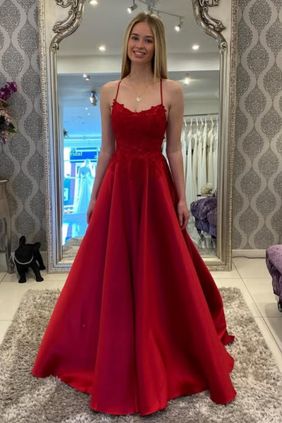 A Line Backless Red Lace Long Prom Dress, Red Lace Formal Dress, Long Red Evening Dress A2303
