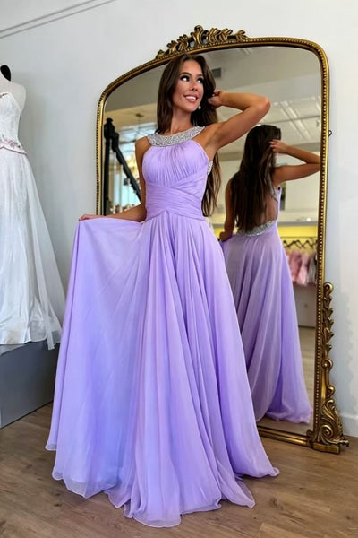 A Line Beaded Backless Lavender Long Prom Dress, Lavender Tulle Formal Graduation Evening Dress with Beaded Straps A2630