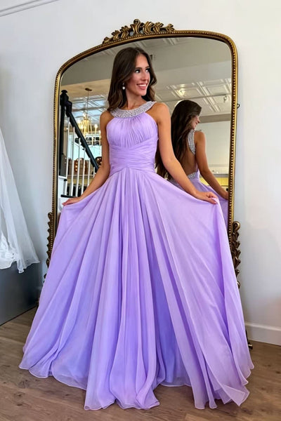 A Line Beaded Backless Lavender Long Prom Dress, Lavender Tulle Formal Graduation Evening Dress with Beaded Straps A2630