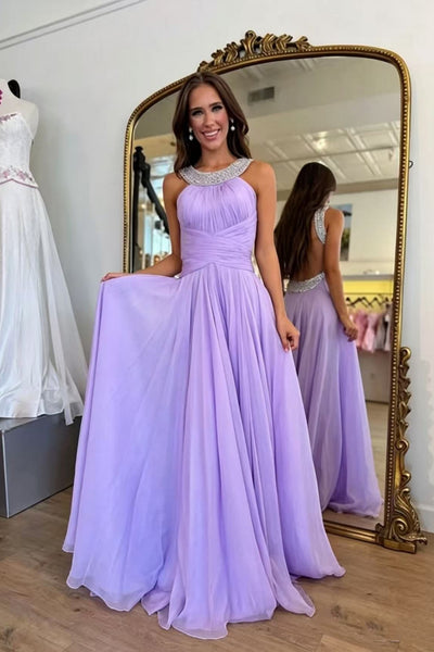 A Line Beaded Backless Lavender Long Prom Dress, Lavender Tulle Formal Graduation Evening Dress with Beaded Straps A2630