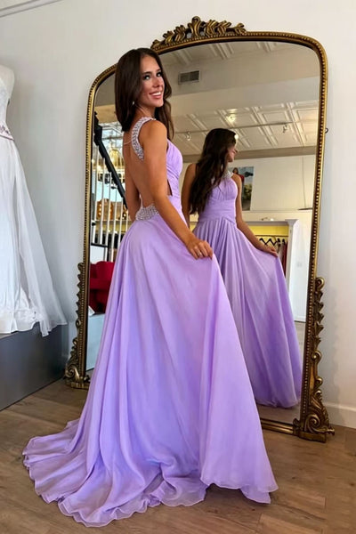 A Line Beaded Backless Lavender Long Prom Dress, Lavender Tulle Formal Graduation Evening Dress with Beaded Straps A2630