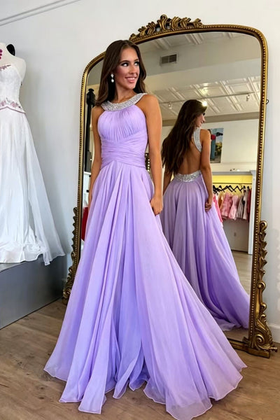 A Line Beaded Backless Lavender Long Prom Dress, Lavender Tulle Formal Graduation Evening Dress with Beaded Straps A2630