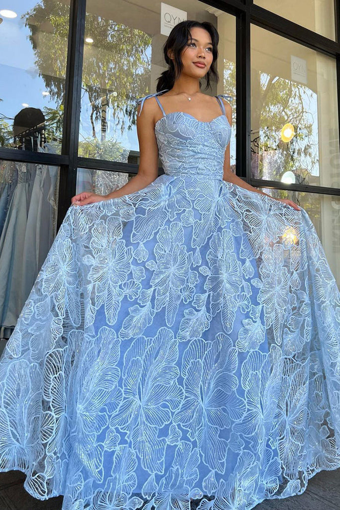 A Line Blue Lace Long Prom Dresses, Blue Lace Formal Dresses, Long Blu