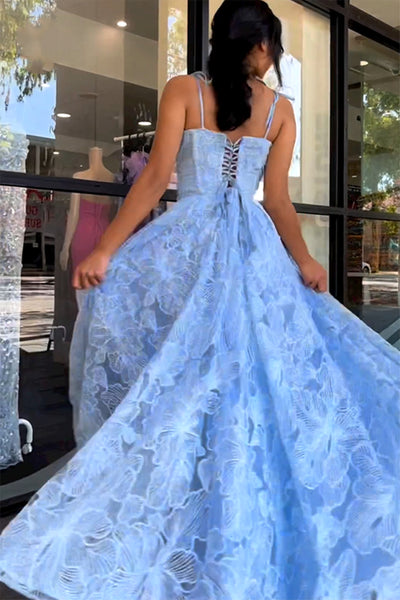 A Line Blue Lace Long Prom Dresses, Blue Lace Formal Dresses, Long Blue Evening Dresses A1874