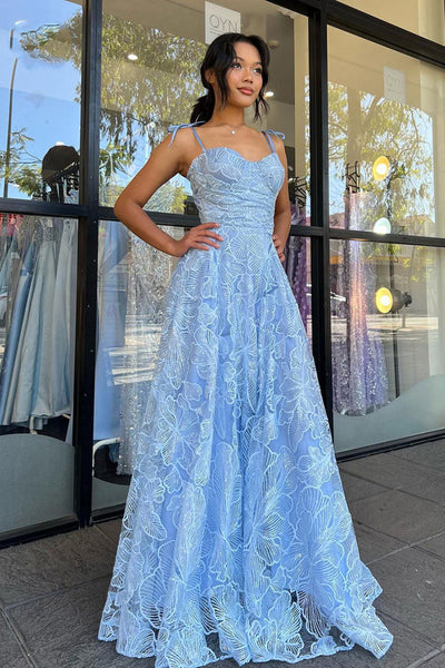 A Line Blue Lace Long Prom Dresses, Blue Lace Formal Dresses, Long Blue Evening Dresses A1874