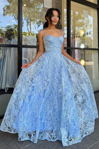 A Line Blue Lace Long Prom Dresses, Blue Lace Formal Dresses, Long Blue Evening Dresses A1874