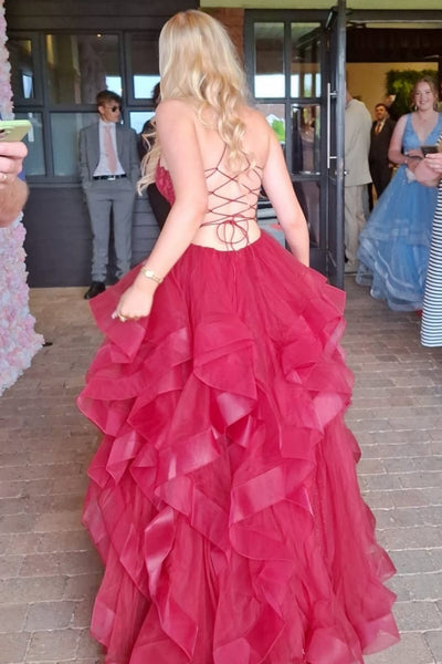 A Line Fluffy Burgundy Lace Long Prom Dress, Burgundy Lace Formal Dress, Burgundy Tulle Evening Dress A2538