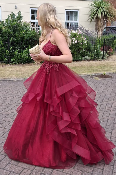 A Line Fluffy Burgundy Lace Long Prom Dress, Burgundy Lace Formal Dress, Burgundy Tulle Evening Dress A2538
