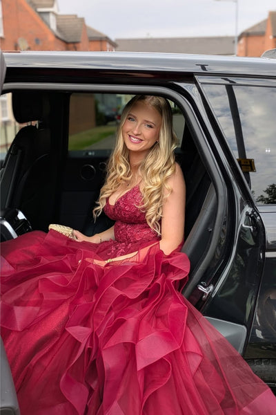 A Line Fluffy Burgundy Lace Long Prom Dress, Burgundy Lace Formal Dress, Burgundy Tulle Evening Dress A2538