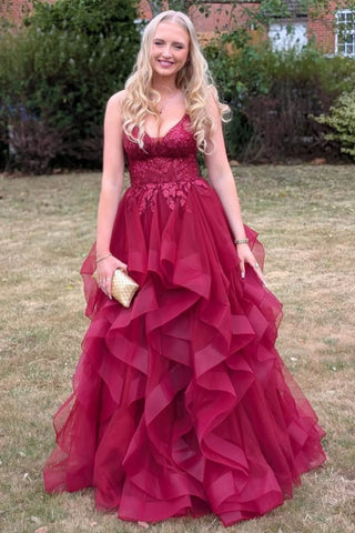 A Line Fluffy Burgundy Lace Long Prom Dress, Burgundy Lace Formal Dress, Burgundy Tulle Evening Dress A2538