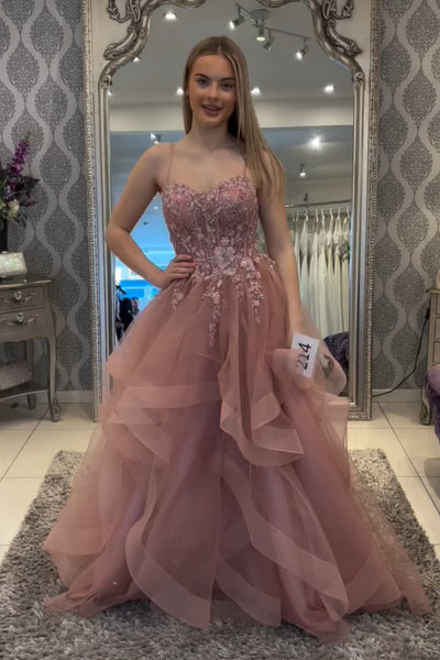 A Line Fluffy Dusty Pink Lace Long Prom Dress, Dusty Pink Lace Formal